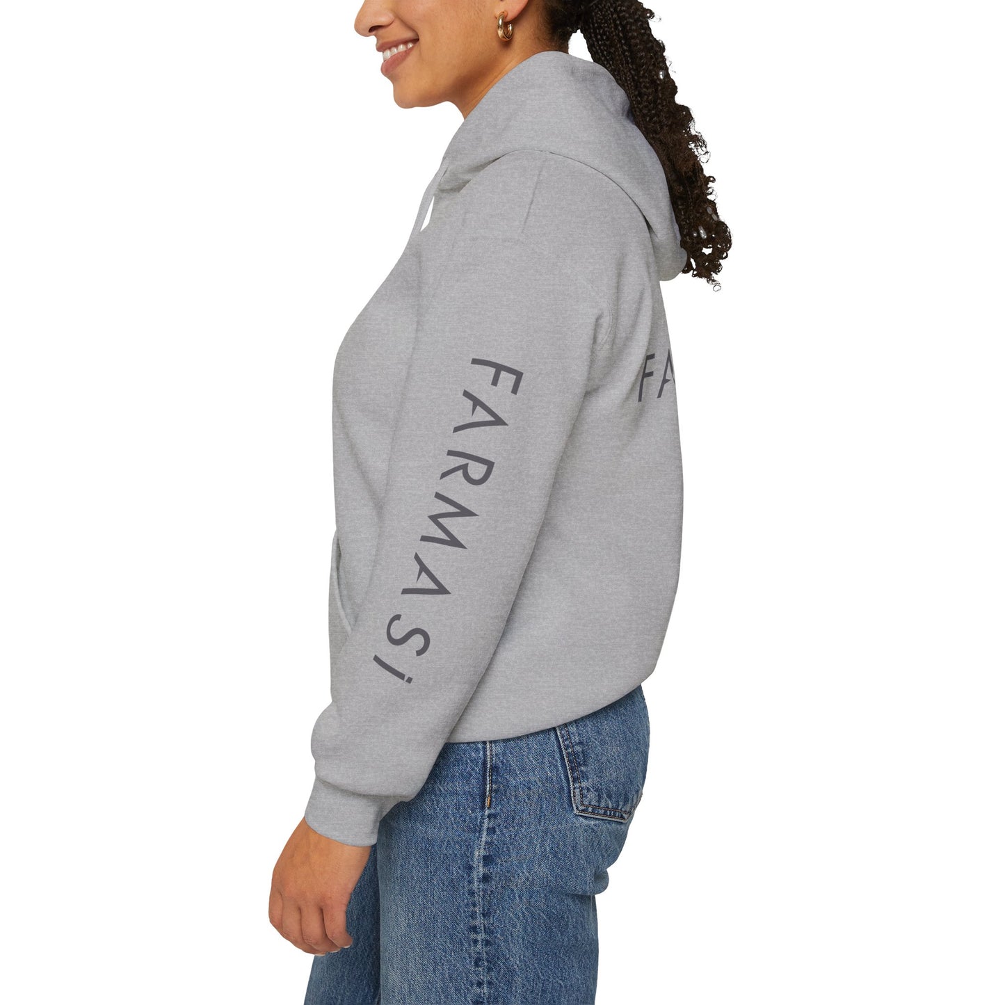 Farmasi Logo Hoodie — Branded Grey Pullover with Sleeve & Back Print