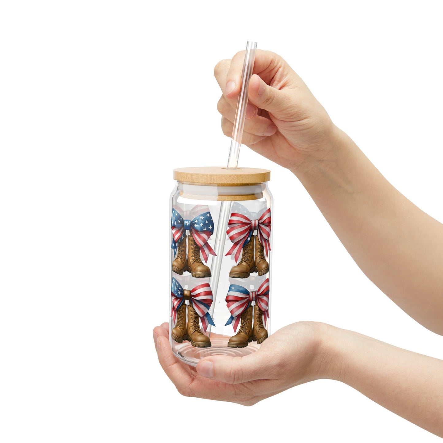 Bows and Boots Patriotic 16oz Glass Cup with Straw