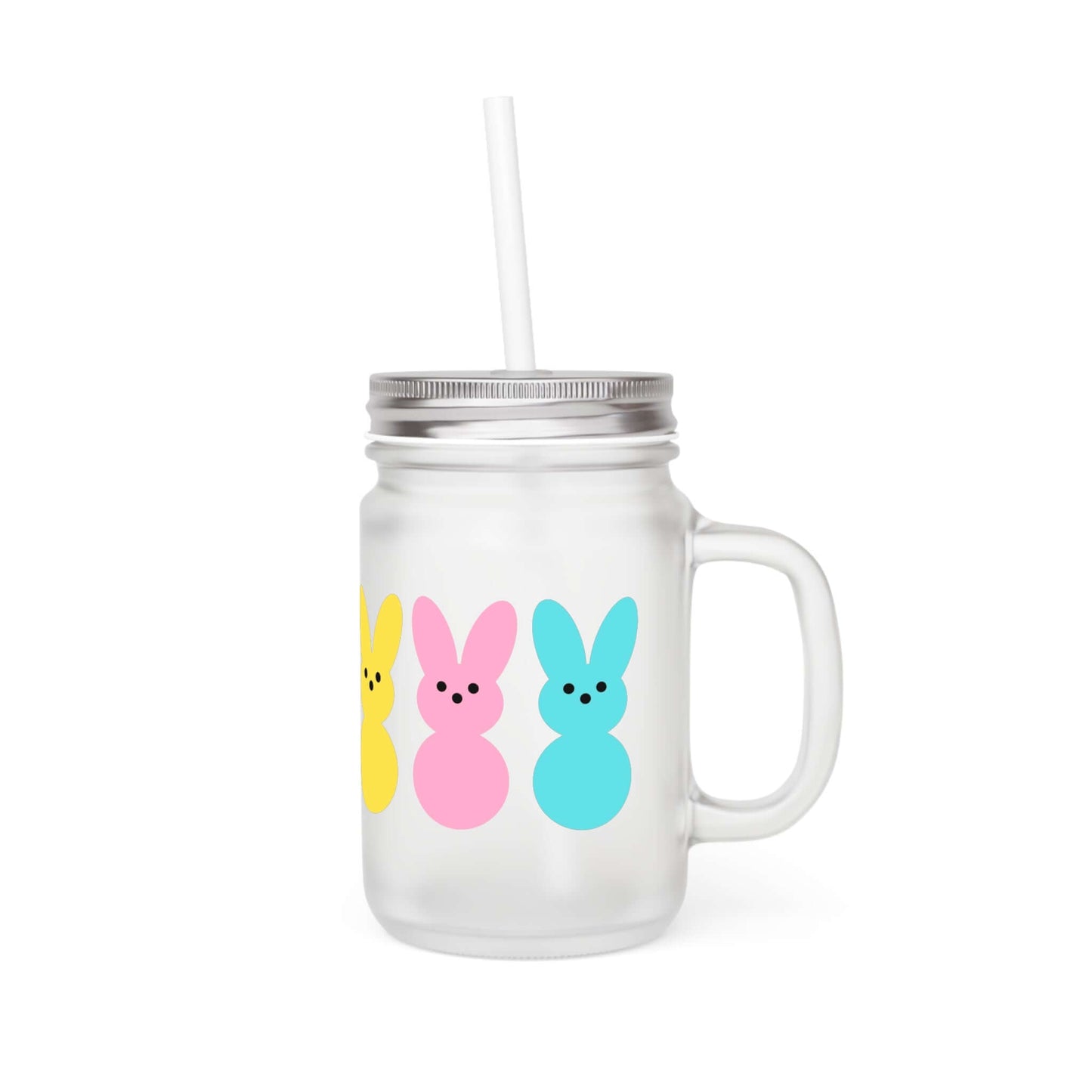 Frosted Mason Jar with Colorful Bunny Design