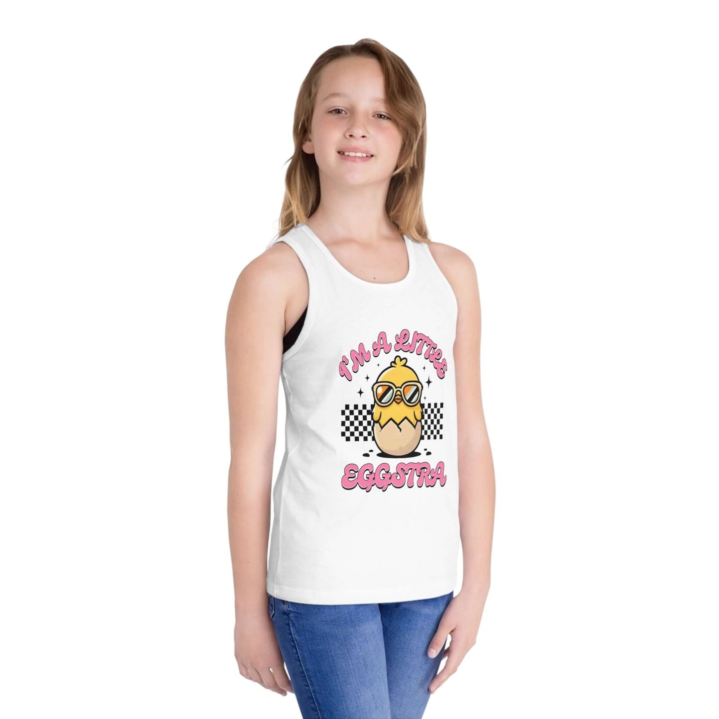 Fun Kid's Jersey Tank Top - "I'm a Little Eggstra" Design