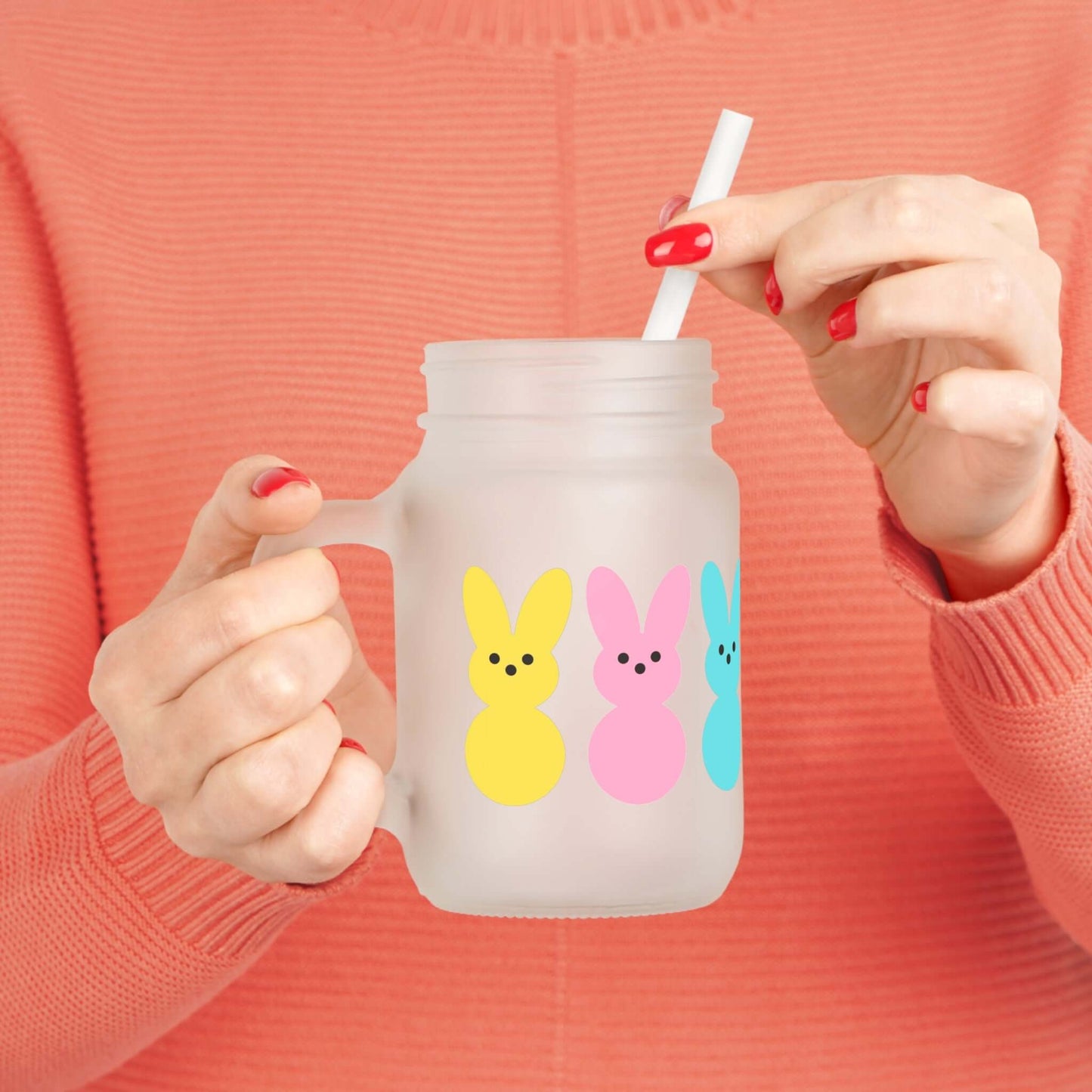 Frosted Mason Jar with Colorful Bunny Design