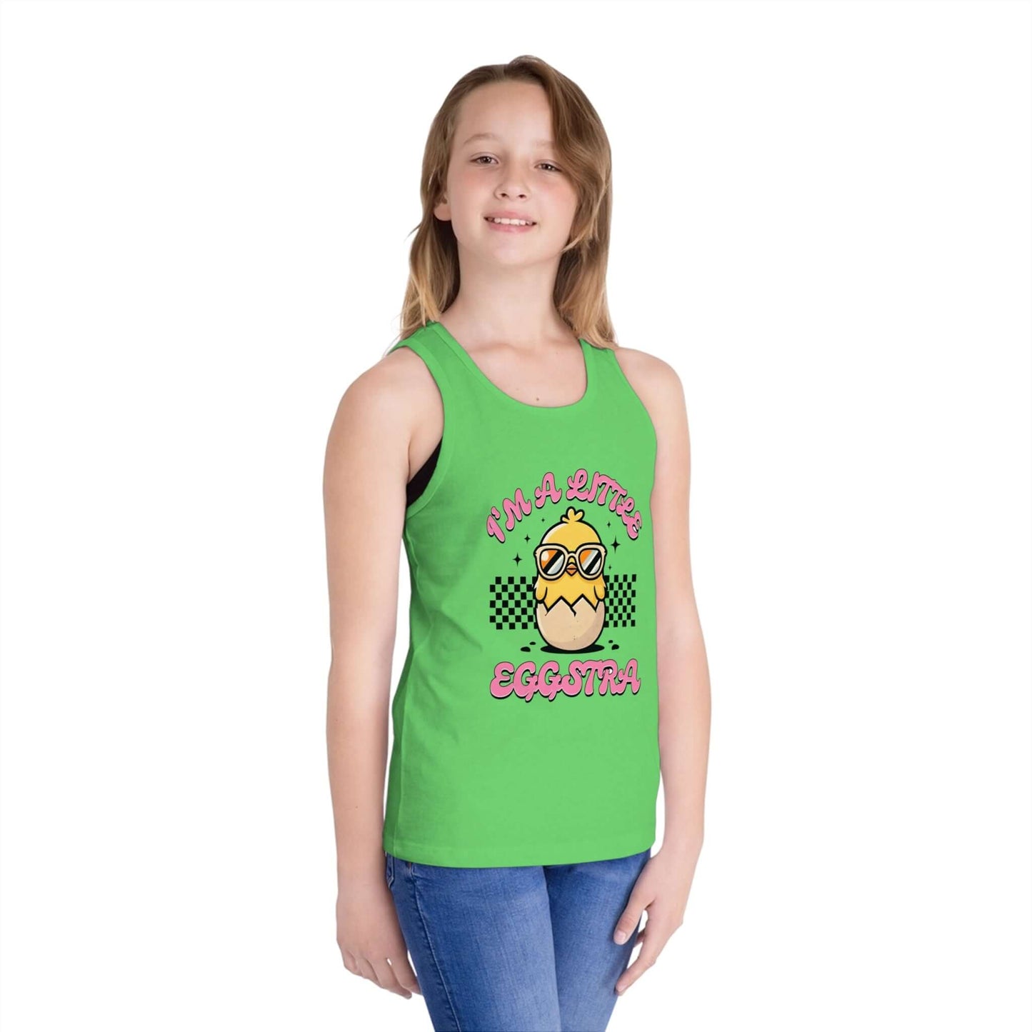 Fun Kid's Jersey Tank Top - "I'm a Little Eggstra" Design