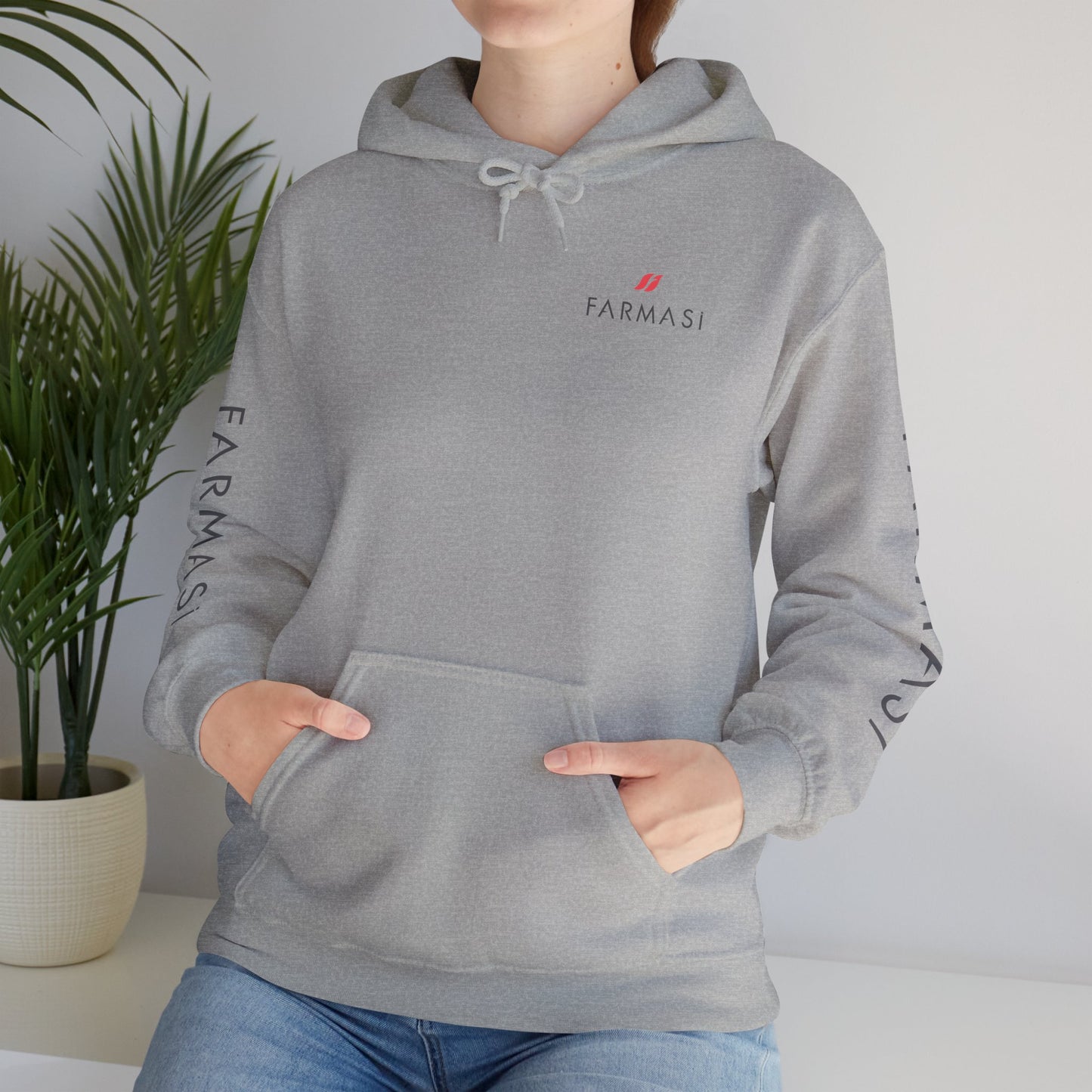 Farmasi Logo Hoodie — Branded Grey Pullover with Sleeve & Back Print