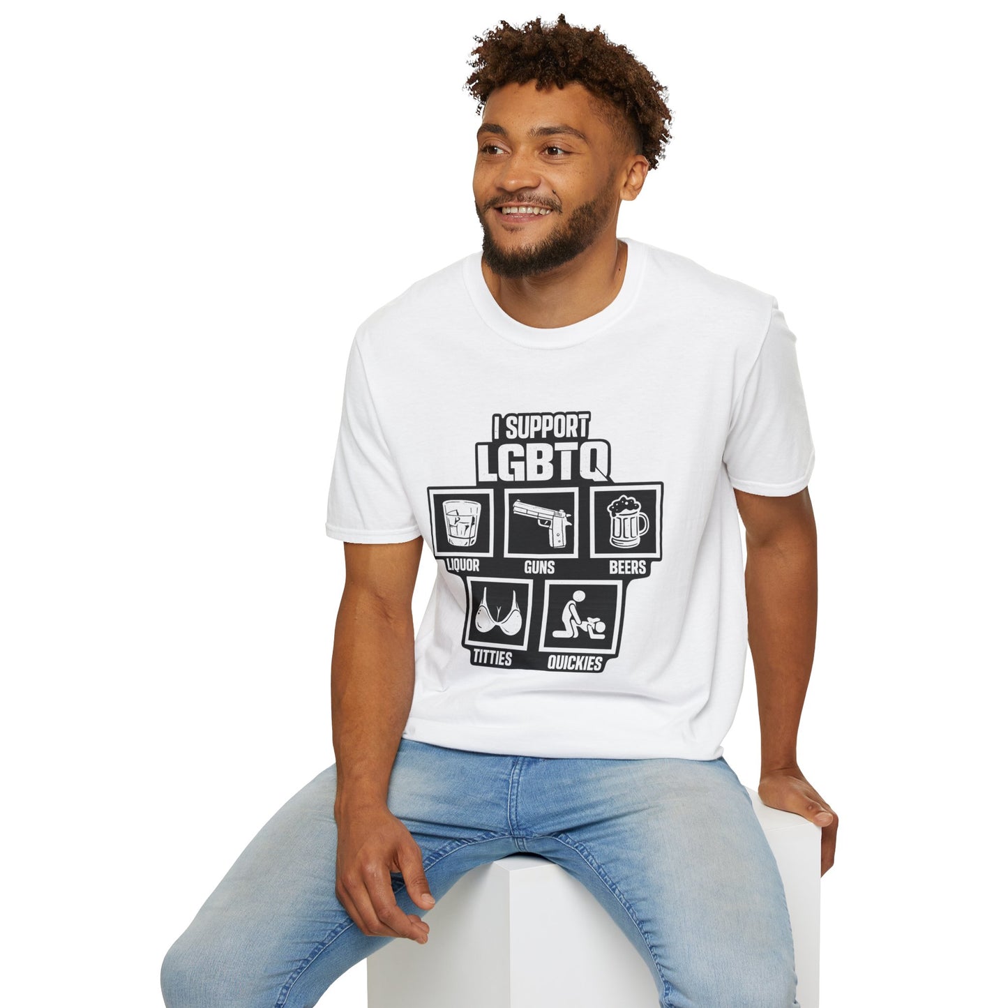 I Support LGBTQ Graphic T-Shirt – Funny Edgy Liquor Guns Beers Titties Quickies Tee