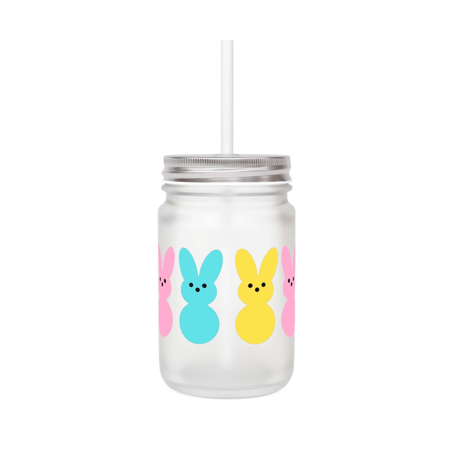 Frosted Mason Jar with Colorful Bunny Design