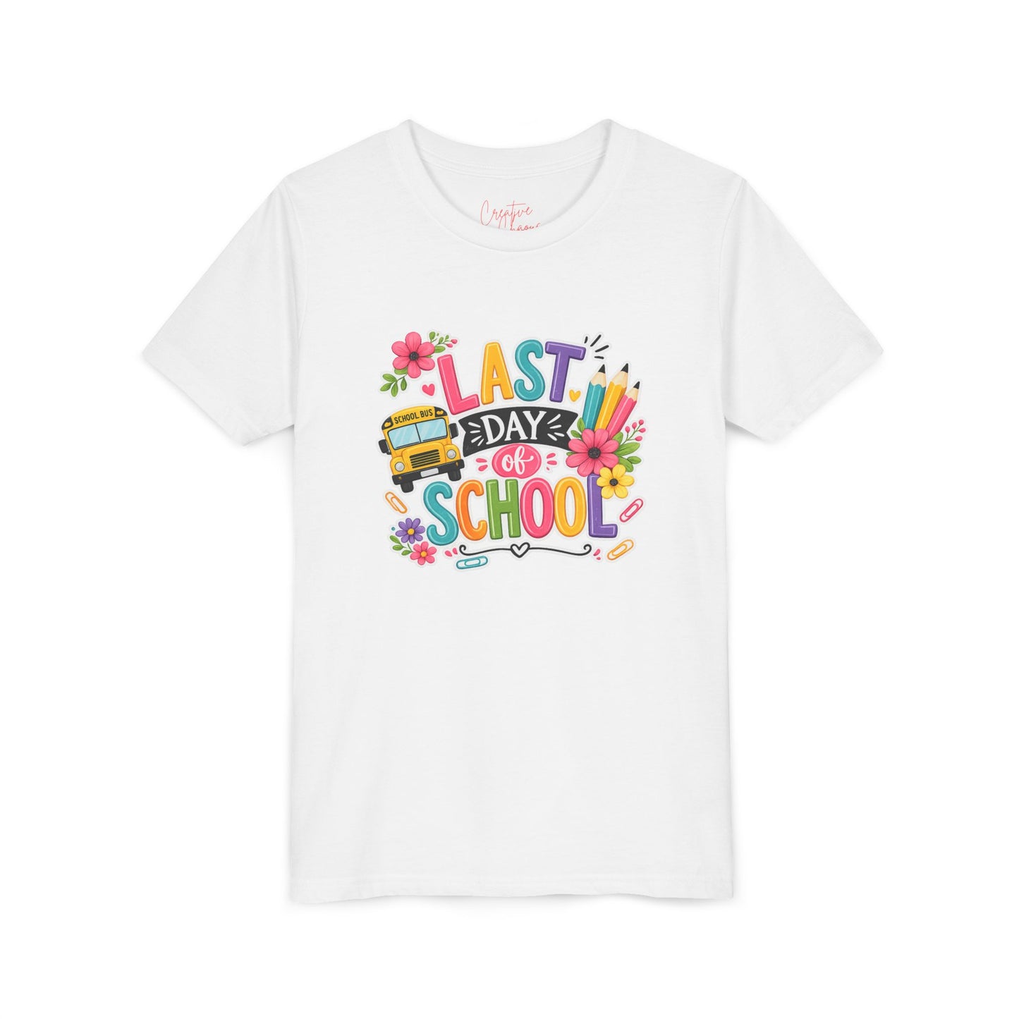 Last Day of School Youth Tee — Colorful School Bus & Flowers End of Year Shirt
