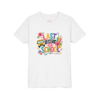 Last Day of School Youth Tee — Colorful School Bus & Flowers End of Year Shirt