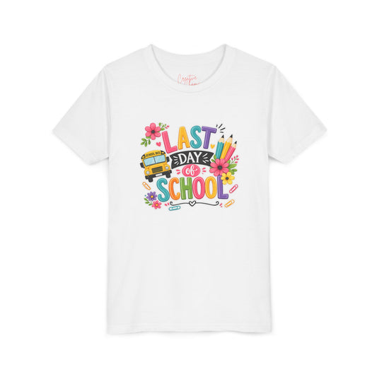Last Day of School Youth Tee — Colorful School Bus & Flowers End of Year Shirt