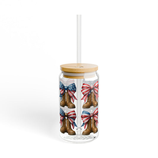 Bows and Boots Patriotic 16oz Glass Cup with Straw
