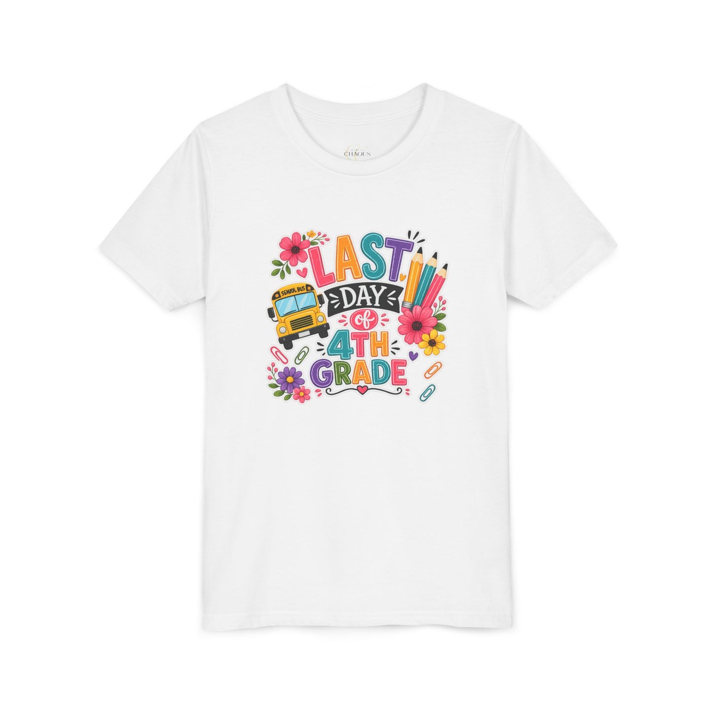 Last Day of 4th Grade Youth Tee — Colorful School Bus End-of-Year Shirt