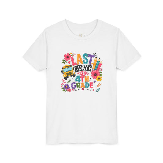 Last Day of 4th Grade Youth Tee — Colorful School Bus End-of-Year Shirt
