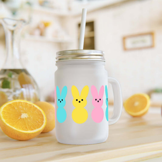 Frosted Mason Jar with Colorful Bunny Design