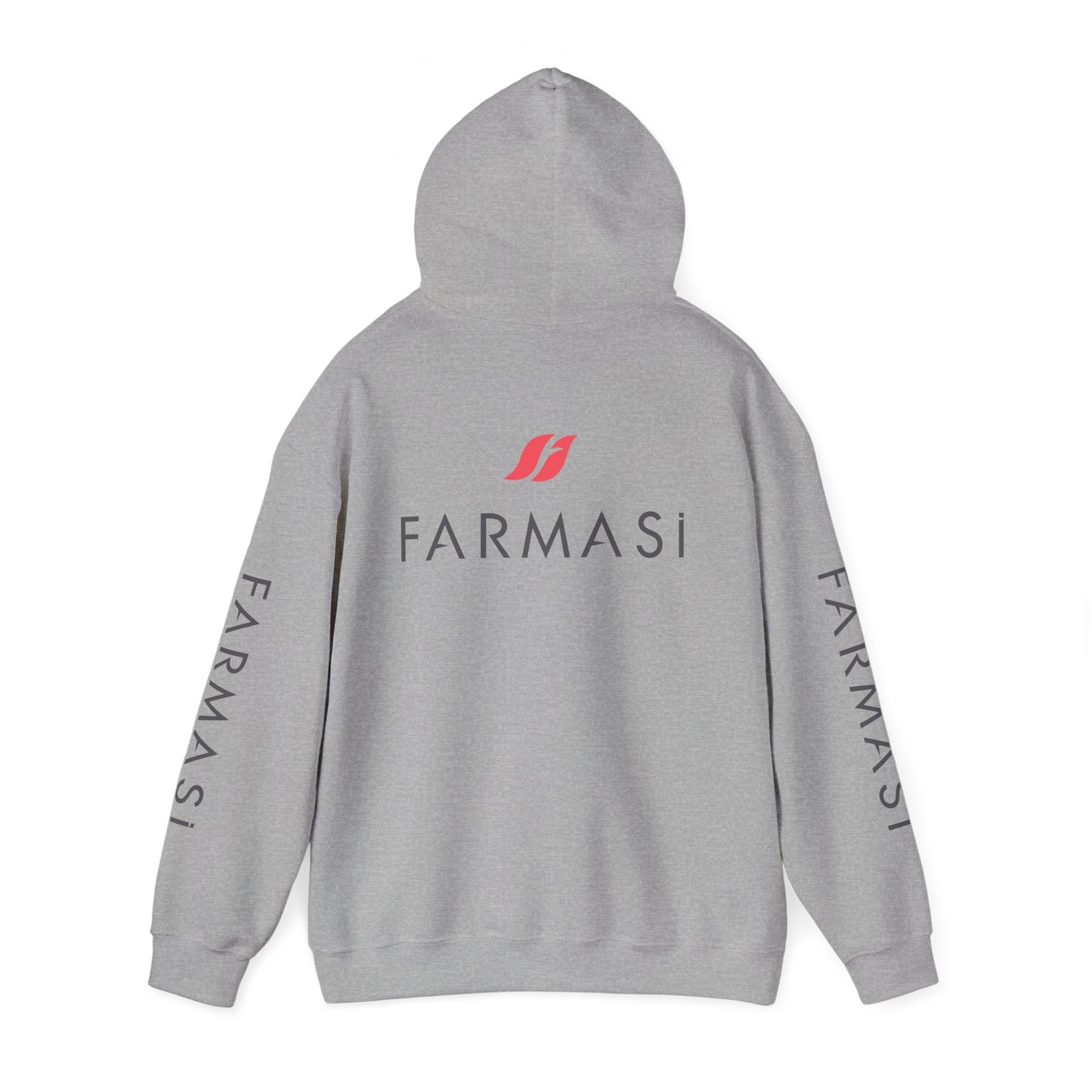 Farmasi Logo Hoodie — Branded Grey Pullover with Sleeve & Back Print