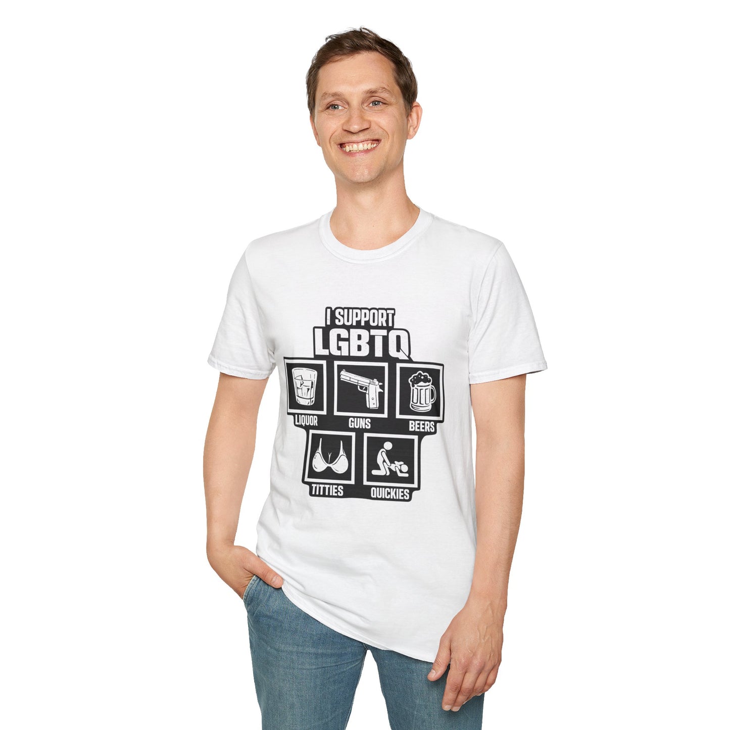 I Support LGBTQ Graphic T-Shirt – Funny Edgy Liquor Guns Beers Titties Quickies Tee