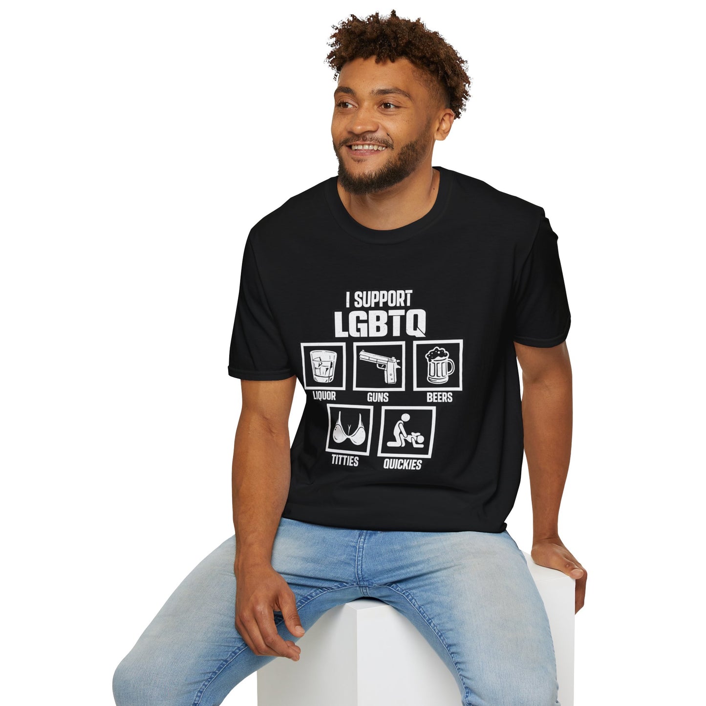 I Support LGBTQ Graphic T-Shirt – Funny Edgy Liquor Guns Beers Titties Quickies Tee