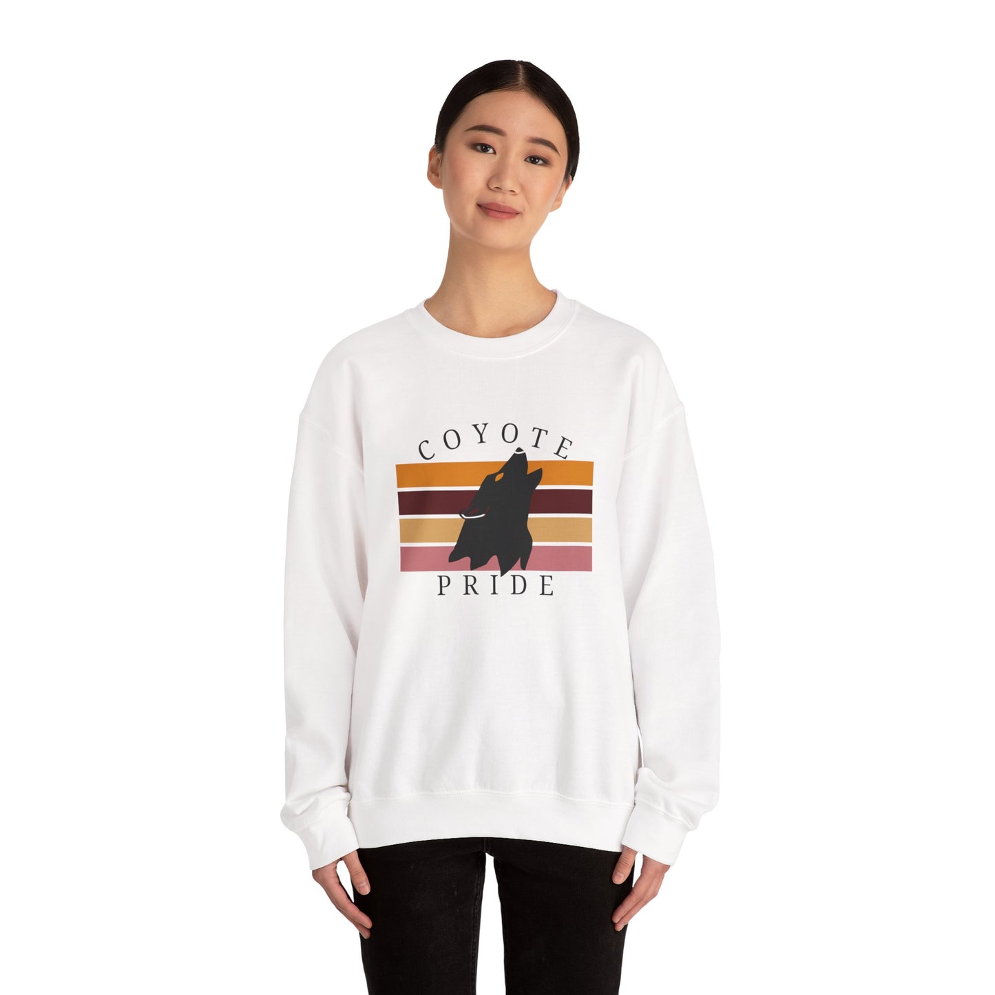 Coyote Pride Crewneck Sweatshirt — Retro Sunset Howling Coyote Design
