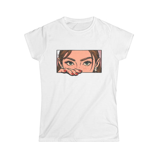 Comic Book Girl Peeking Out T-Shirt, Retro Pop Art Graphic Tee for Women, Vintage Comic Style Shirt