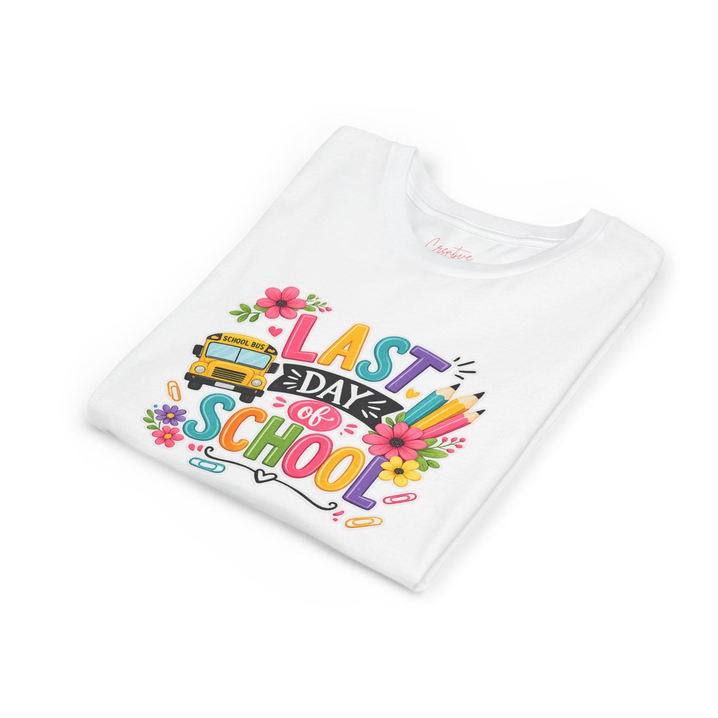 Last Day of School Youth Tee — Colorful School Bus & Flowers End of Year Shirt