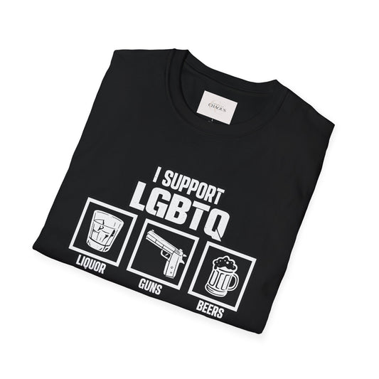 I Support LGBTQ Graphic T-Shirt – Funny Edgy Liquor Guns Beers Titties Quickies Tee