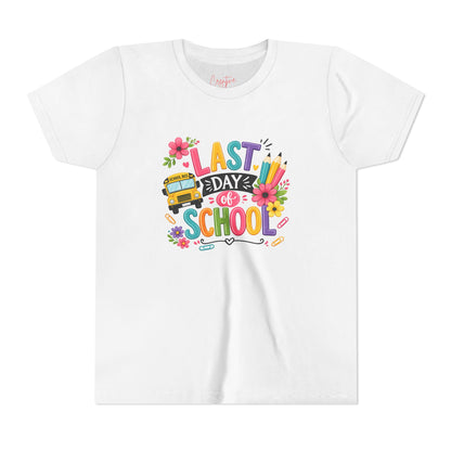 Last Day of School Youth Tee — Colorful School Bus & Flowers End of Year Shirt