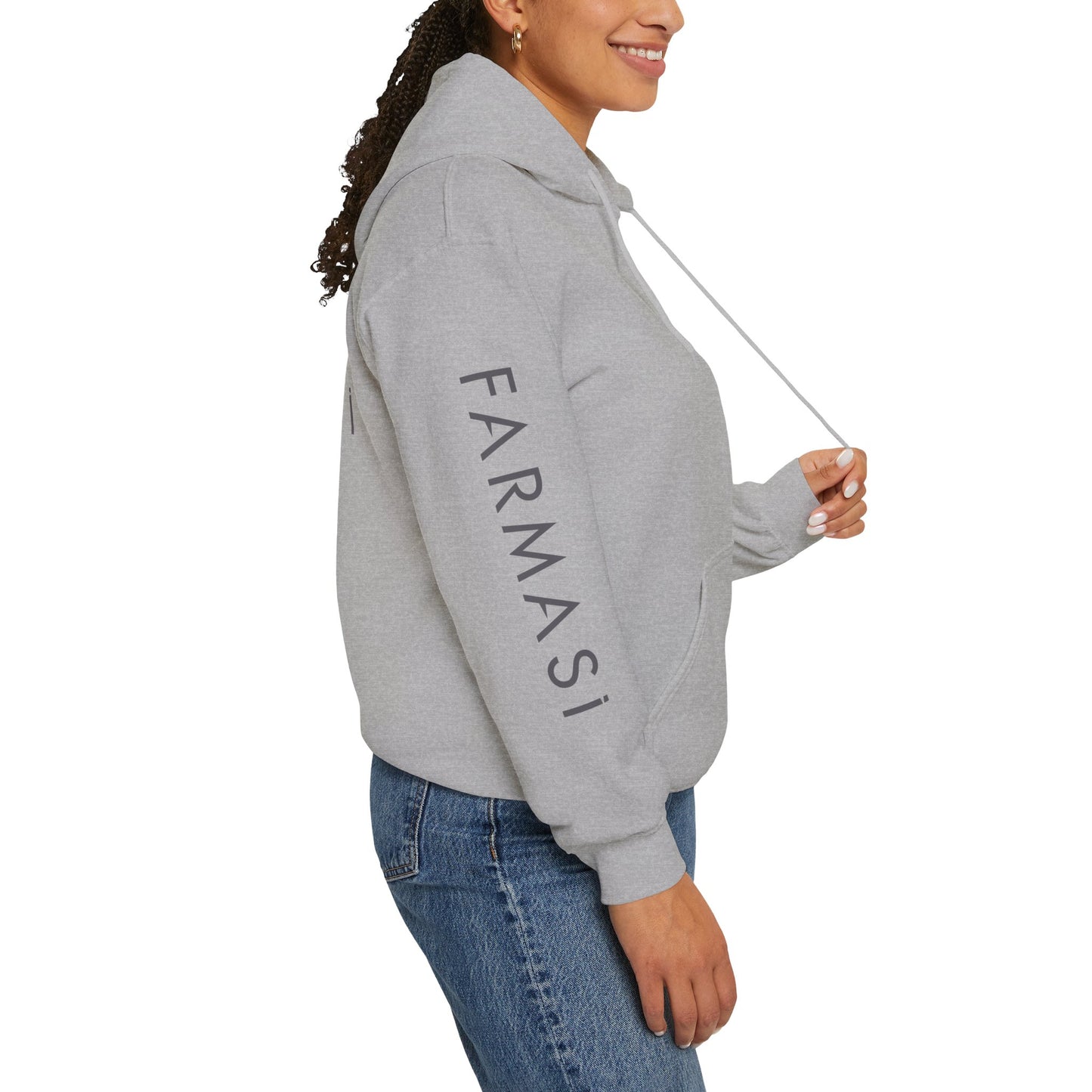 Farmasi Logo Hoodie — Branded Grey Pullover with Sleeve & Back Print