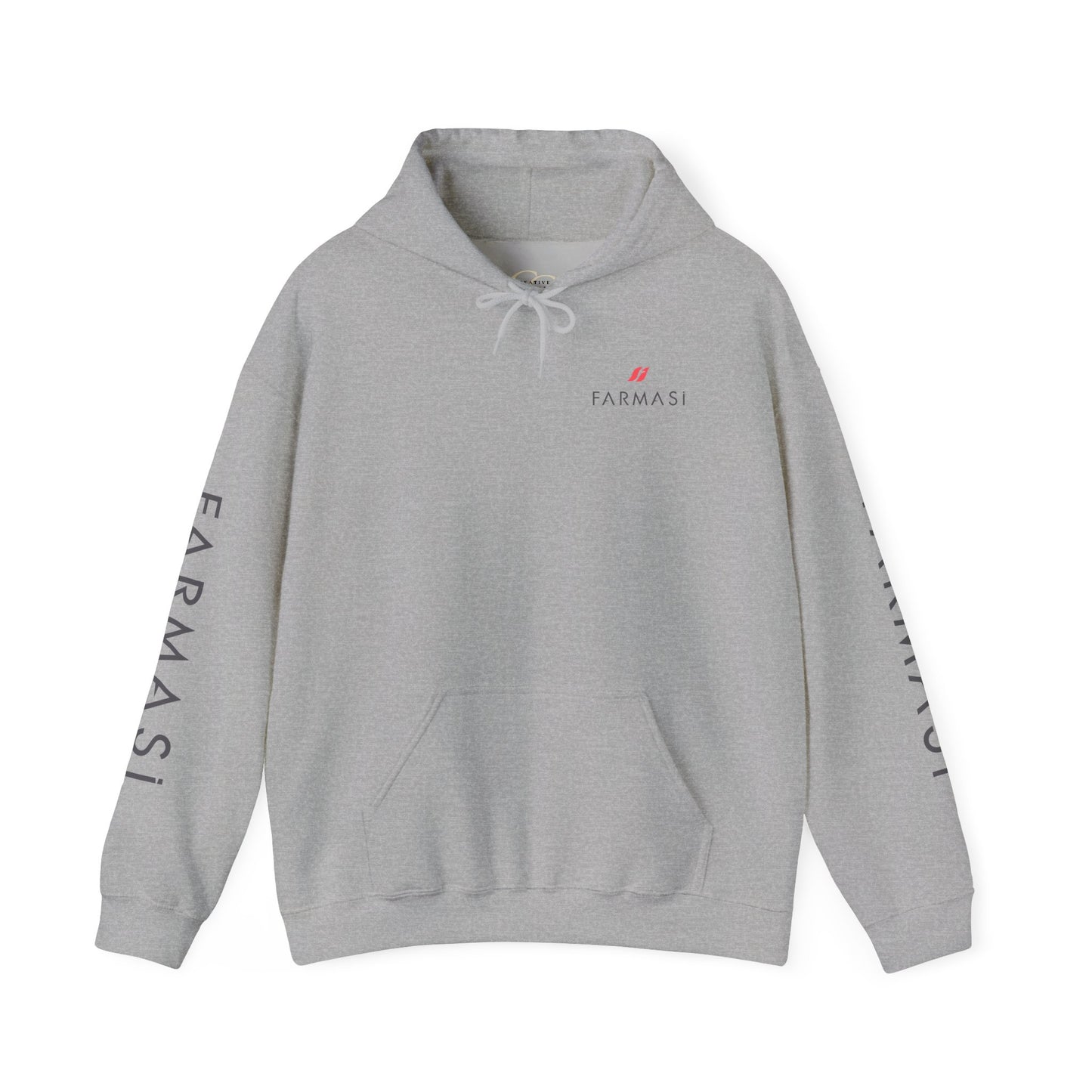 Farmasi Logo Hoodie — Branded Grey Pullover with Sleeve & Back Print