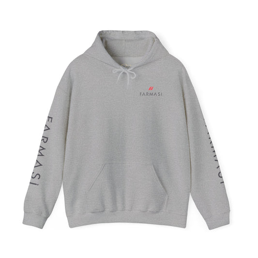 Farmasi Logo Hoodie — Branded Grey Pullover with Sleeve & Back Print