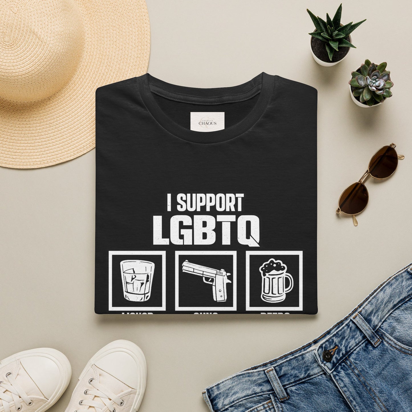 I Support LGBTQ Graphic T-Shirt – Funny Edgy Liquor Guns Beers Titties Quickies Tee